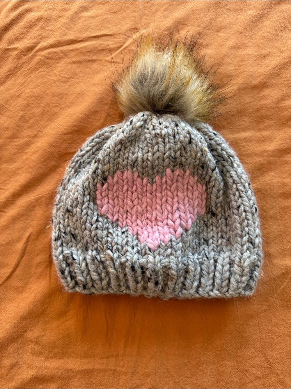 Kids Gray Hand Knit Pom Beanie with Pink Heart